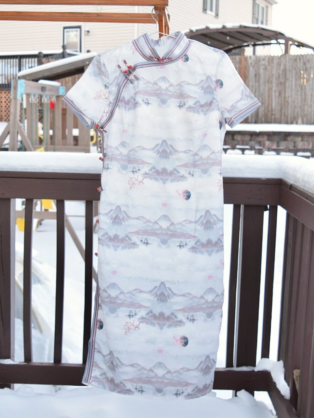Gray Mountain Printed Qipao Long Dress - Chinese Traditional Cheongsam